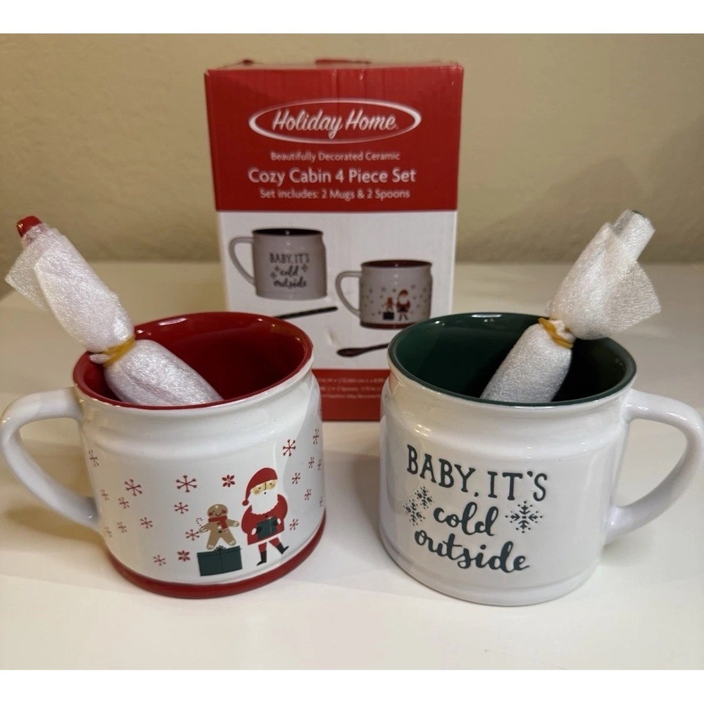 Holiday Home Cozy Cabin Christmas Mug Set 2 Mugs 2 Spoons New